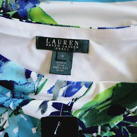 Lauren Ralph Lauren Blue Green White Summer Floral Sleeveless Ruched Dress Sz 10 - Picture 6 of 9